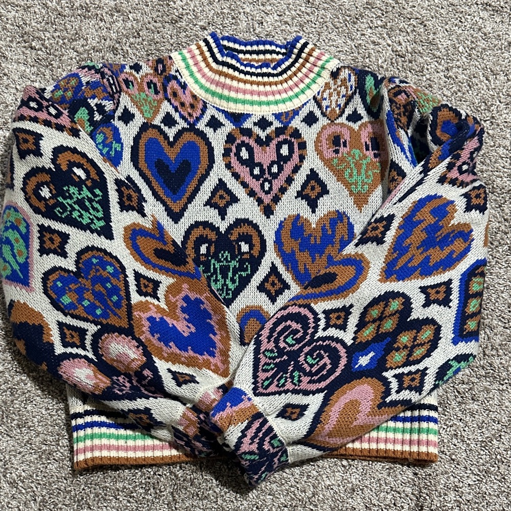 Farm Rio Colorful Heart Pattern Sweater